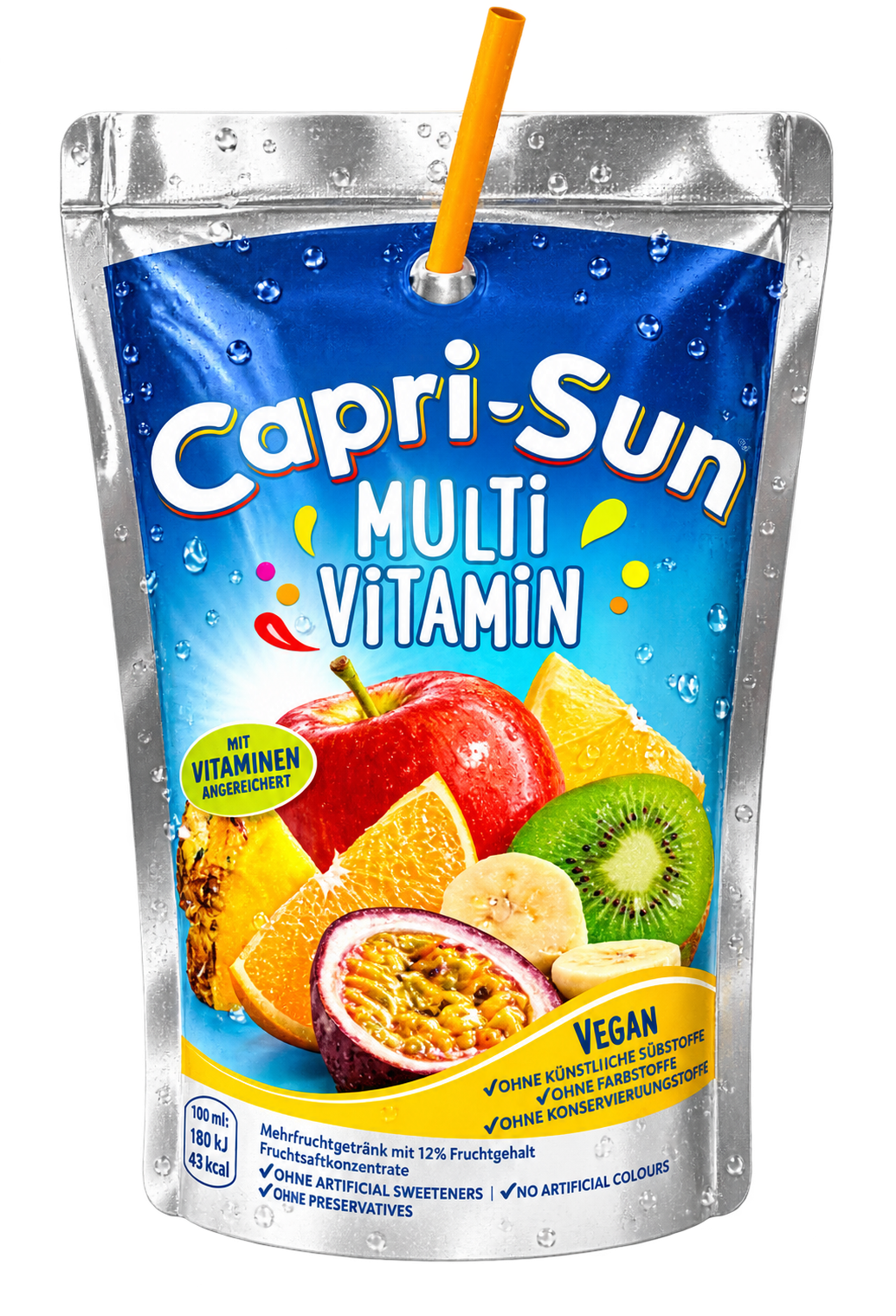 Poche bleue Capri-Sun multivitaminée avec paille et illustrations de fruits