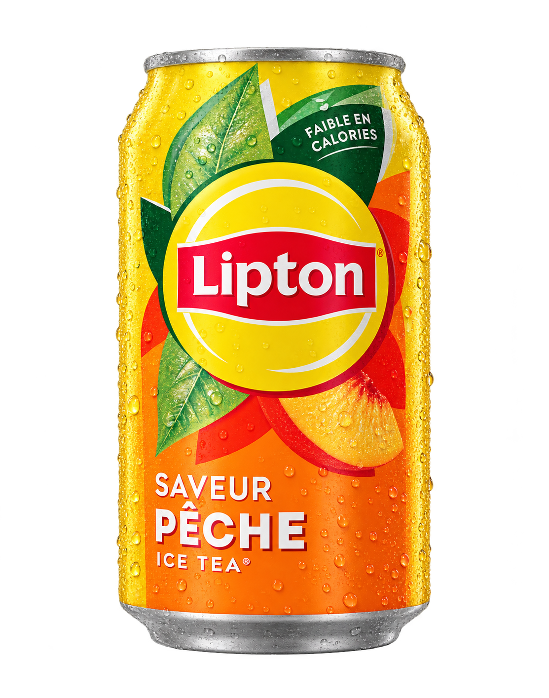 Canette jaune et orange Lipton Ice Tea saveur pêche, fraîche et perlée de gouttelettes