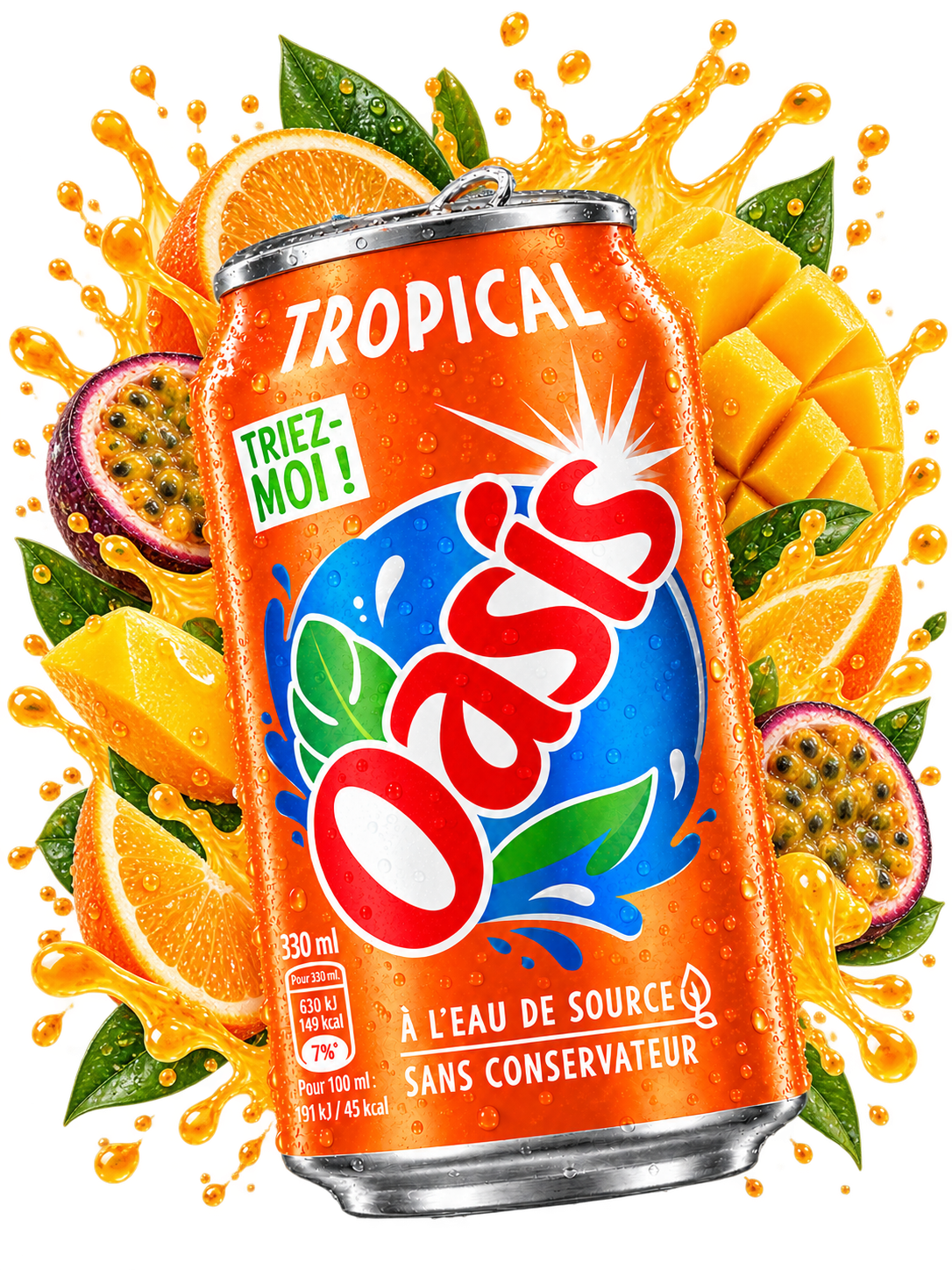 Canette orange Oasis Tropical, avec un grand logo bleu et rouge