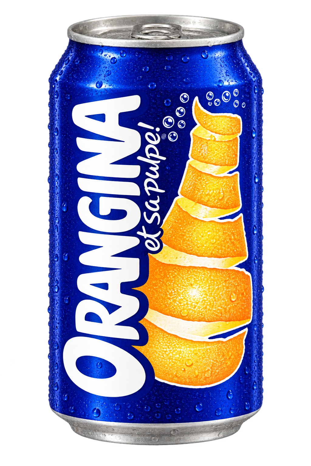 Canette bleue Orangina avec logo blanc et illustration d’orange, fraîche et perlée de gouttelettes