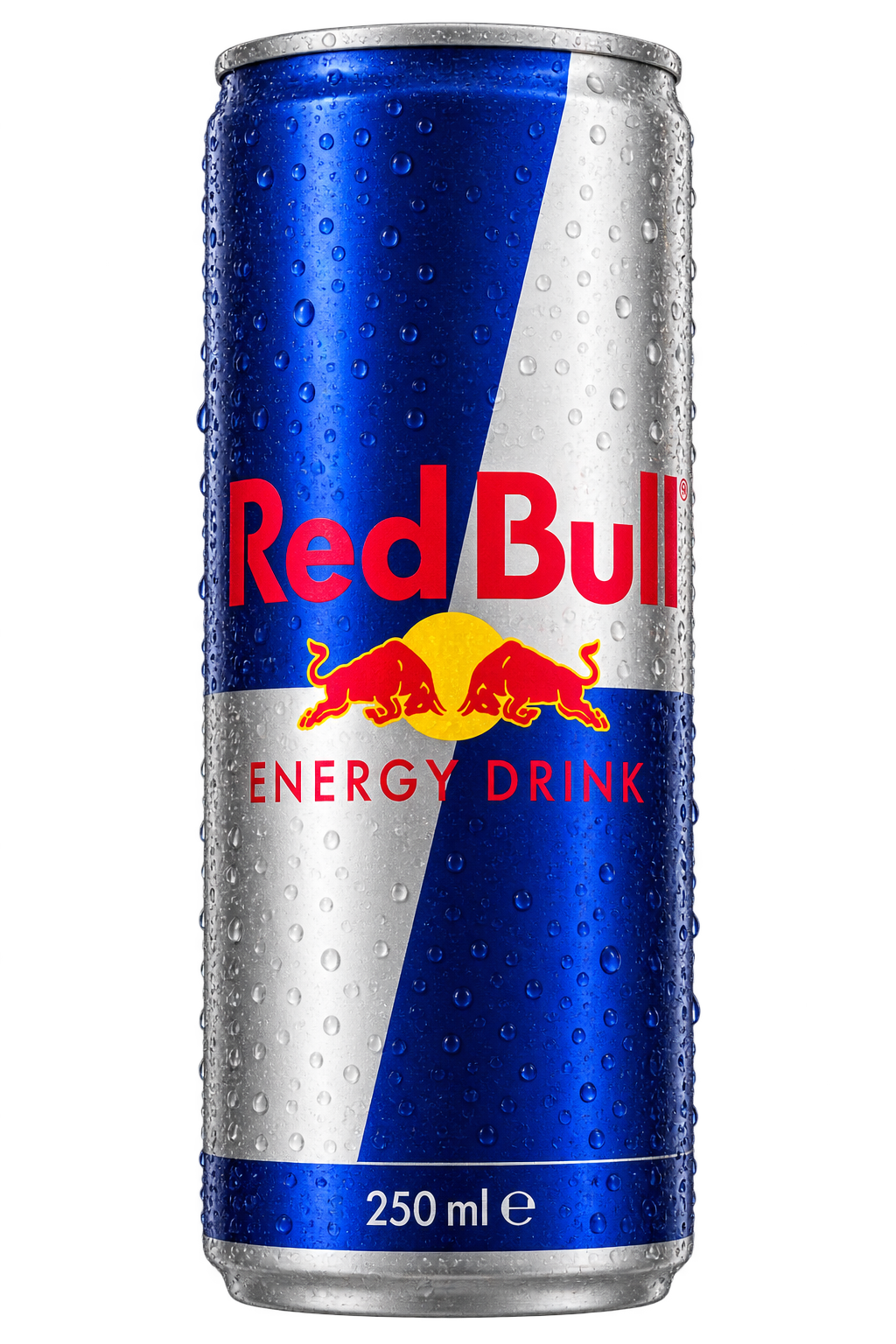 Canette argent et bleue Red Bull Energy Drink classique, fraîche et perlée de gouttelettes