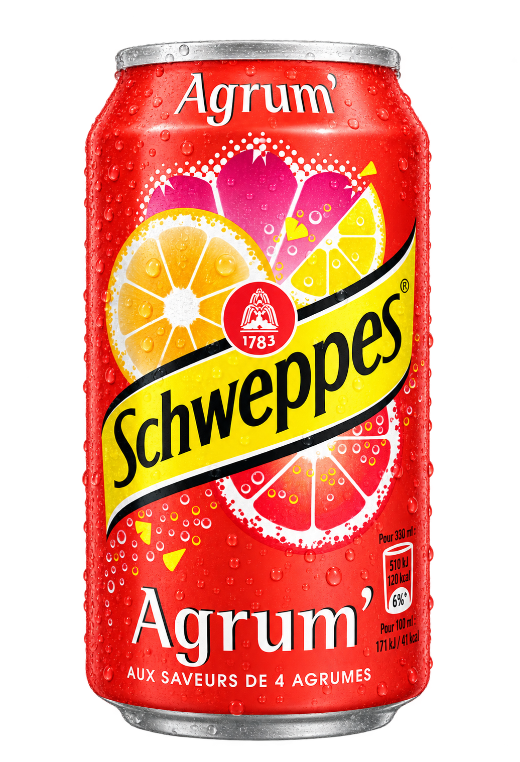 Canette rouge Schweppes Agrum’ avec bandeau jaune et agrumes illustrés